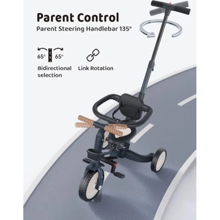 newyoo 5 in 1 Laufrad Dreirad, multifunktionales Kinderdreirad mit Schubstange, verstellbarem Lenker und Sitz, Sicherheitsbügel, für Kinder 1-3 Jahre, Dunkelgrau – Bild 3