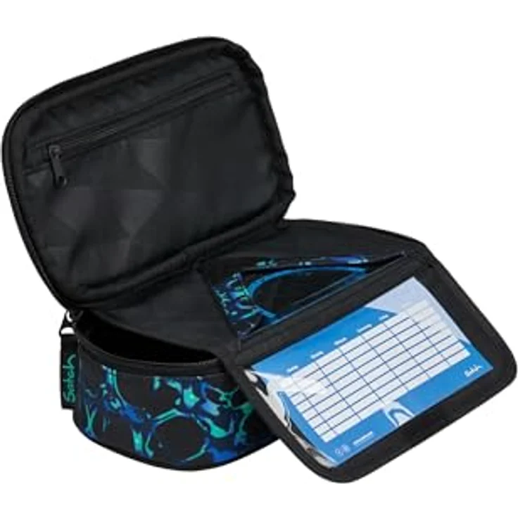 satch Schlamperbox extra groß Caleido Blue - Schwarz inkl. Trennfach, Reißverschlussfach, Stiftehalter, Geodreieck und Sichtfenster für Stundenplan – Bild 3