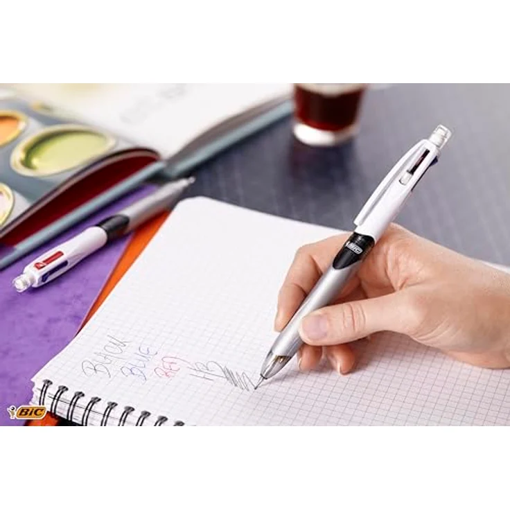 Bic 4 Colours M/HB 942104, Multifun Schreibstift mit HB-Bleistiftmine, 12 Stück, Weiß/Silber – Bild 2