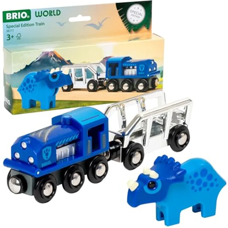 BRIO® Spielzeug-Zug BRIO® WORLD - Sondereditionszug (2025) mit blauer Triceratops-Figur und glänzendem Finish in Silber und Blau