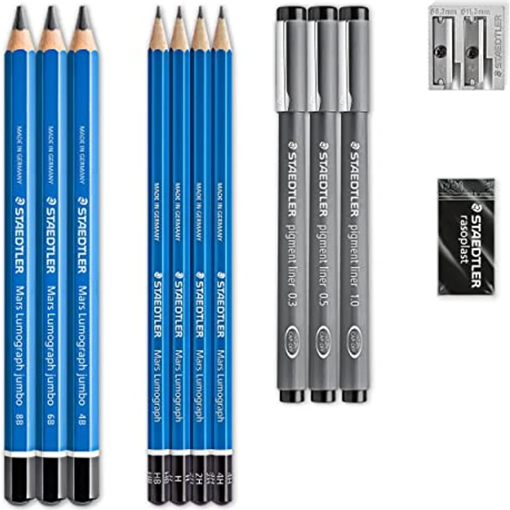 STAEDTLER Zeichen Set, Komplett-Set mit 4 Premium Bleistiften, 3 Premium Jumbo-Bleistiften, 3 schwarzen Finelinern, 1 Radierer, 1 Doppel-Spitzer und Step-by-Step Anleitungen, 61 100 – Bild 2