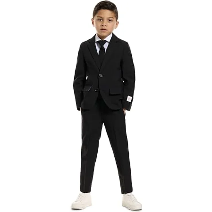 OppoSuits Boys Black Knight, dreiteiliger Anzug für Kinder in Schwarz, Slim-Fit mit Jacket, Hose und Krawatte