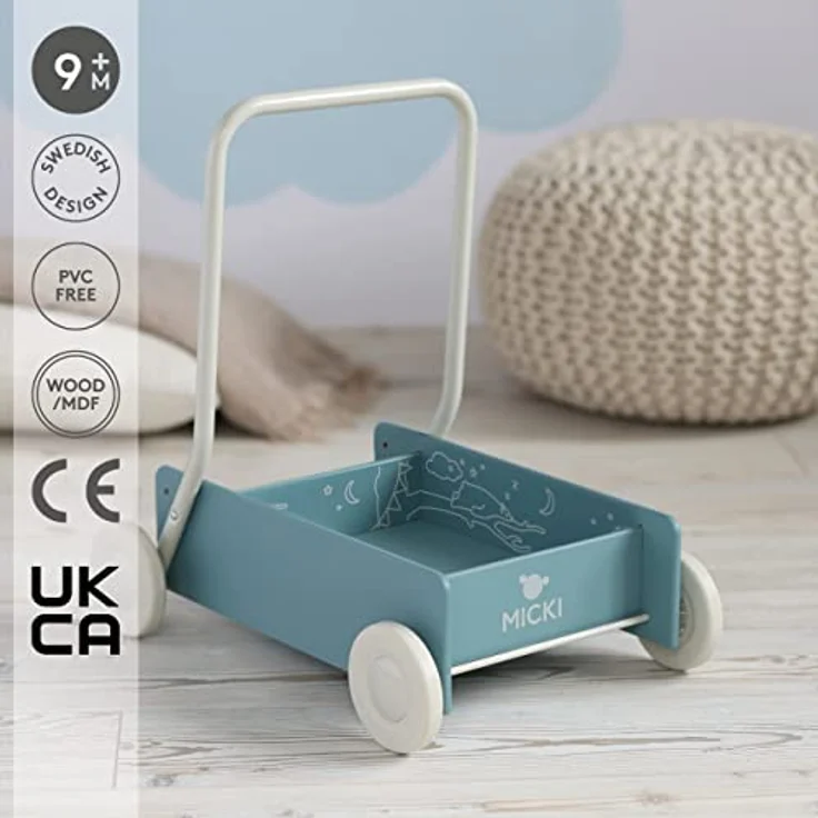 Micki Lauflernwagen Blau - Babyspielzeug für jüngere Kinder aus Holz mit spielvollen Illustrationen und Schwedischem Design - Geeignet ab 9 Monaten - Größe 450 x 350 x 480 mm – Bild 4