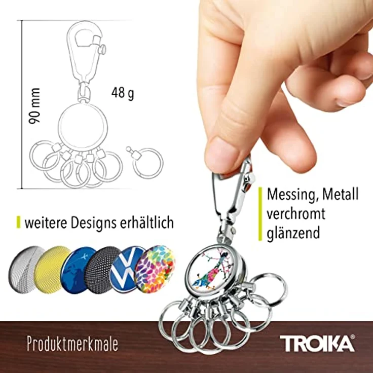 TROIKA BIRDIE Schlüsselhalter mit Karabinerhaken, glänzend, 6 ausklinkbare Ringe zur Schlüsselorganisation, filigranes Design, TROIKA-ORIGINAL – Bild 4