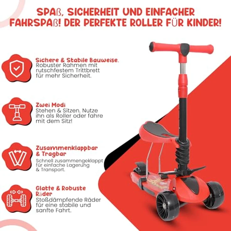 Habib Gruppe 3-in-1 Kinderroller mit Sitz, höhenverstellbar, faltbar, LED Räder, geeignet für Kinder ab 3 Jahren (bis 50kg), Rot – Bild 5
