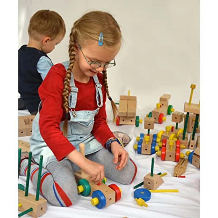 Matador Kinder Baukasten 175-tlg., Holz Konstruktionsspielzeug ab 3 Jahren zur Förderung von Kreativität und Feinmotorik, mit Stäbchen, Klötzen, Hammer & Zange – Bild 2
