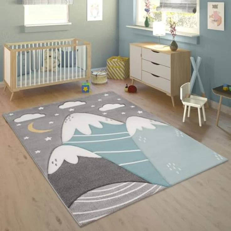 Paco Home Kinderteppich 3D Optik Modern mit Pastellfarben, Berge, Wolken und Sterne, Größe 133 cm Quadrat, 100% Polypropylen, pflegeleicht und schmutzabweisend – Bild 1