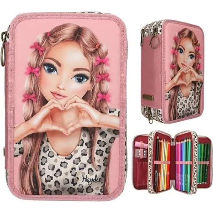 Magni TOPModel Federtasche 3fach Leoheart, rosa mit Schleifen, 18 Mal- und Filzstifte, 2 Bleistifte, Schere und mehr