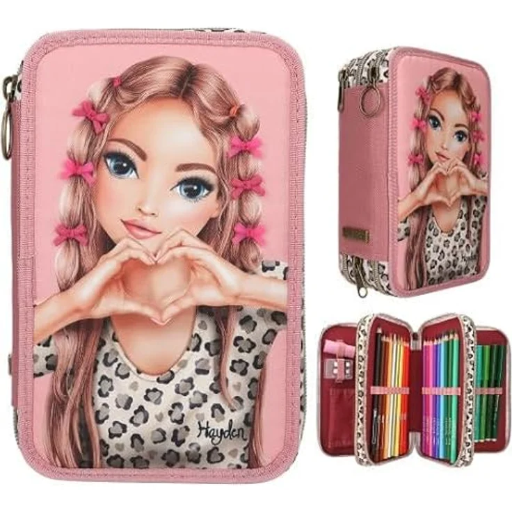 Magni TOPModel Federtasche 3fach Leoheart, rosa mit Schleifen, 18 Mal- und Filzstifte, 2 Bleistifte, Schere und mehr – Bild 1