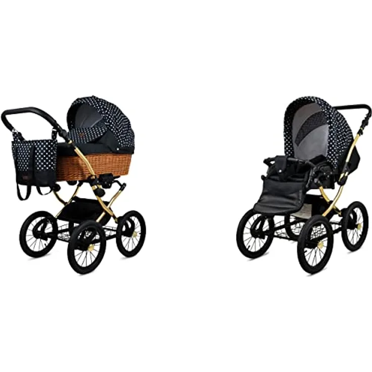 Babylux BabyLux ALU 2in1 Kinderwagen für Neugeborene und Kleinkinder, White Dots Gold Frame - Verstellbare Rückenlehne und Fußstütze, lichtechte elegante Stoffe, Fünf-Punkt-Sicherheitsgurte, leicht faltbar