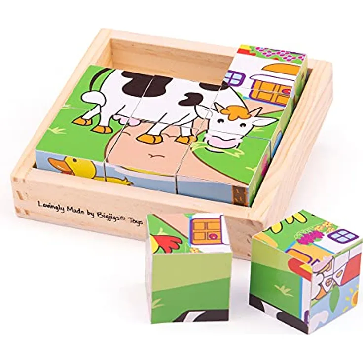 Bigjigs Farm Animals Block Puzzle, Holzpuzzle mit 6 verschiedenen Bauernhoftieren, inklusive stabiler Holzkiste