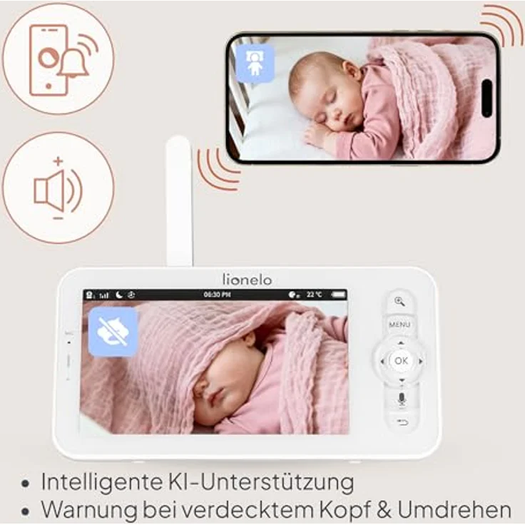 Lionelo Babyline 9.2 AI, Babyphone mit 2K Kamera & 5″ Monitor, Dual-Band-WLAN, KI-Erkennung von Weinen, Bewegungstracking, Temperatur- & Feuchtigkeitssensor, Nachtsicht, App-Steuerung – Bild 4