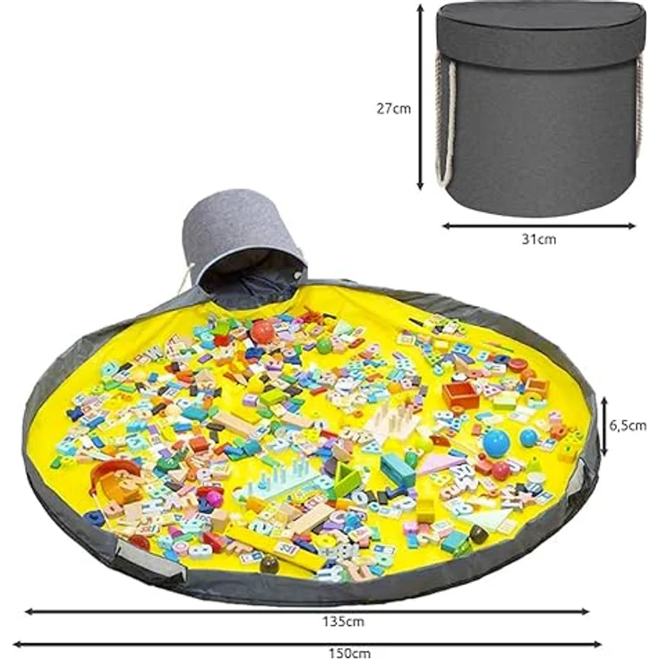 KRUZZEL Spielmatte Aufbewahrungsbox mit Spielzeugkorb, grau/gelb-schwarz, wasserfest, 135 cm Durchmesser, verstärkte Griffe für leichten Transport – Bild 3