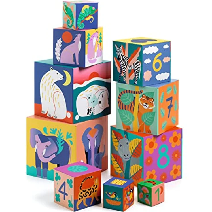 DJECO Stapelspielzeug Stapelturm Wilde Tiere, 10 Würfel aus stabilem Karton, Lernspiel für Kinder ab 12 Monaten, 13 x 13 x 13 cm – Bild 1