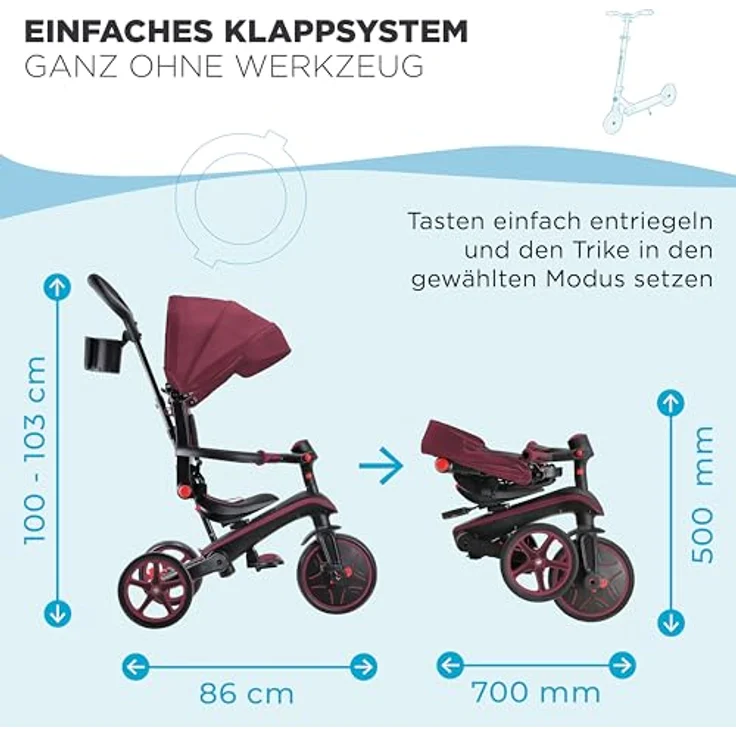 Globber Explorer Trike Foldable 4in1, Dunkelrot – Dreirad, Laufrad und Kinderwagen mit UV-Sonnenschutzdach, höhenverstellbar, TPR-Sitz, 10/8,5 Zoll – Bild 2