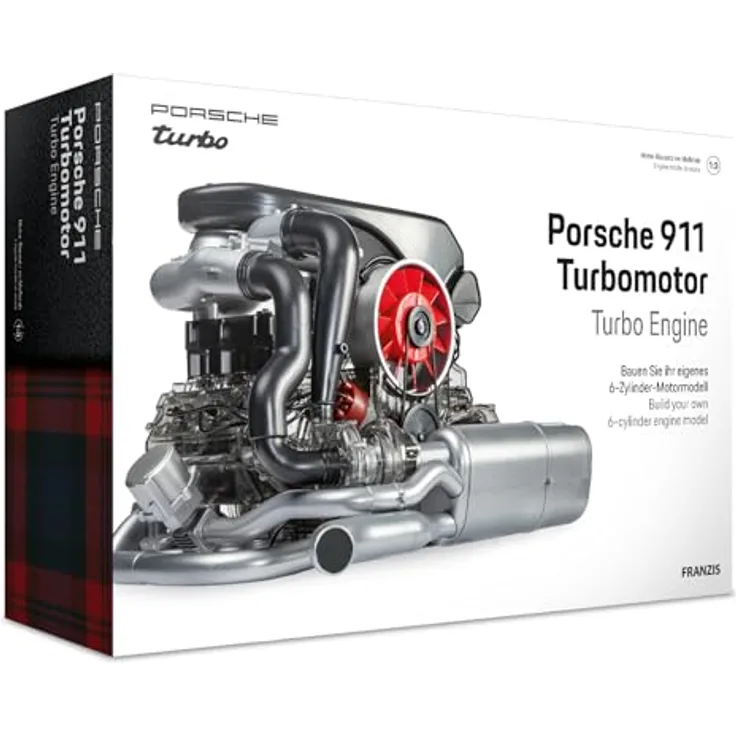 FRANZIS 67250 - Porsche 911 Turbomotor, originalgetreuer Motorbausatz im Maßstab 1:3 mit Soundmodul, 90-seitigem Begleitbuch - 6-Zylinder-Motormodell, Metallic Optik, Turbo-Technologie