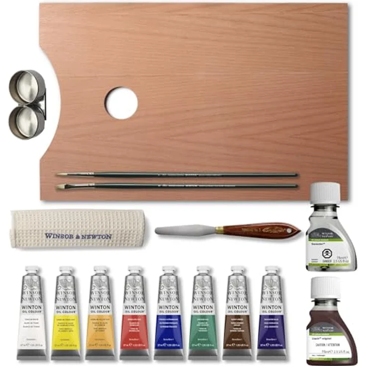 Winsor & Newton Winton Ölfarben Set im Holzkasten, 8 Ölfarben inkl. Titanweiß, Dioxazine Blau, 37ml Tuben, mit Liquin Original und Sansodor, Zubehör enthalten – Bild 2