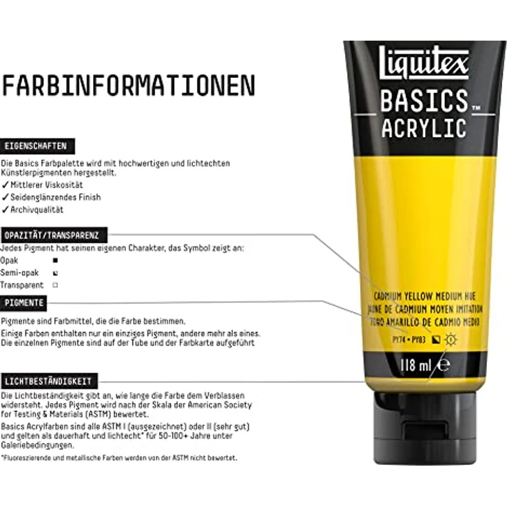 Liquitex Basics Acrylfarbe, monopigmentierte Künstlerpigmente, lichtecht, mittlere Viskosität, 118ml Tube - Kadmiumgelb Mittel Farbton – Bild 3
