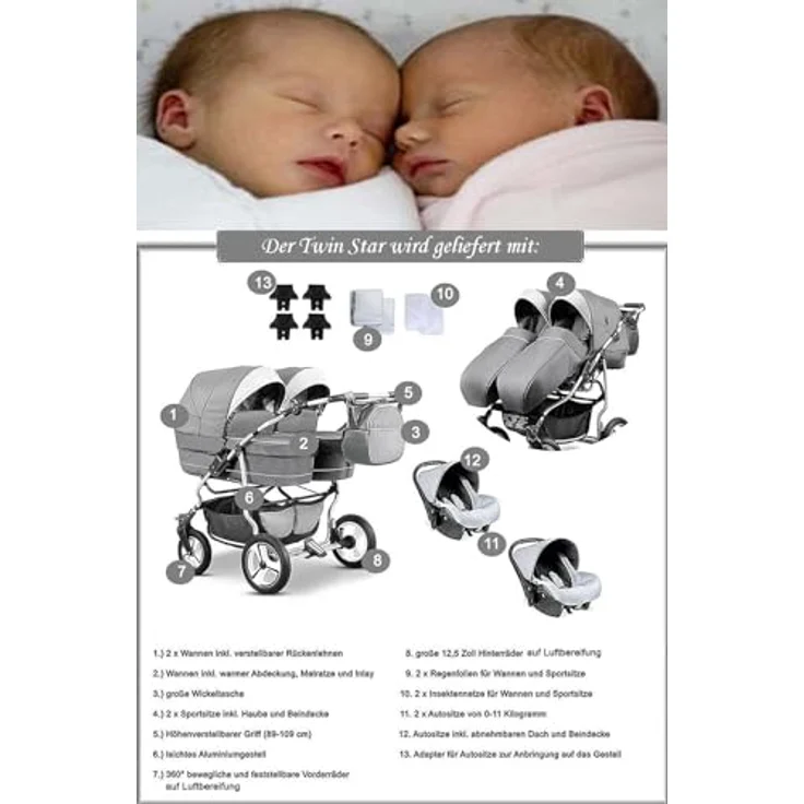 Elcar Zwillingskinderwagen 4 in 1 Twin Star inkl. Autositze - 13 Teile - in 16 Farben – Bild 4