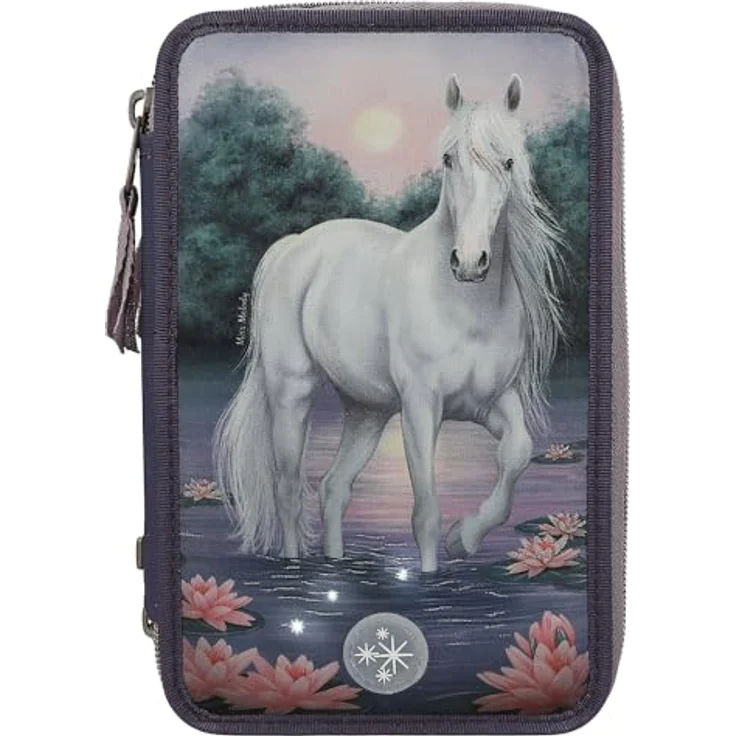 Depesche 12947 Miss Melody - Gefüllte 3-Fach Federtasche in Lila, mit LED, Seerosen und Pferde Motiv, Federmappe mit Buntstiften, Lineal, Schere uvm.  – Bild 2