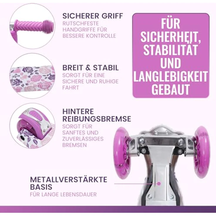 Europebazar Habib Metall-Roller 3-Rad mit LED Licht, klappbar, verstärkter Metall-Unterboden, bis 50kg, pink – Bild 2