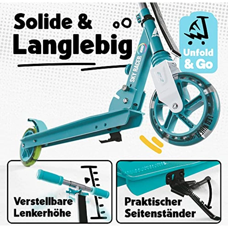 Apollo Skyracer City Roller mit LED Leuchträdern | Roller Kinder 6 Jahre | City Scooter mit Federung | Tretroller für Kinder und Teens | klappbar und höhenverstellbar, türkis – Bild 2