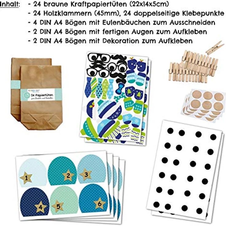 Papierdrachen DIY Adventskalender zum Befüllen - Weihnachtseulen - Eulen Weihnachten - Set Blau mit zusätzlichen Aufklebern - zum selbst basteln - für Kinder - für Jungs – Bild 5