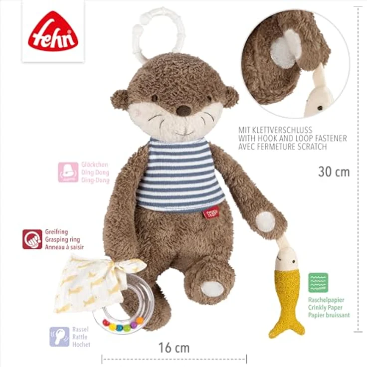 Fehn Greifspielzeug Otter Theo, Activity-Otter mit Rasselring und Glöckchen, zur Befestigung an Kinderwagen, Babyschale oder Bett, für Babys ab 0 Monaten – Bild 4