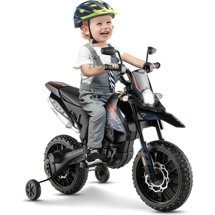 GOPLUS 12V Aprilia Elektro-Motorrad, Kindermotorrad für 3–8 Jahre mit Doppelmotoren, 2 Stützrädern, Musikplayer und Stoßdämpfung, blau