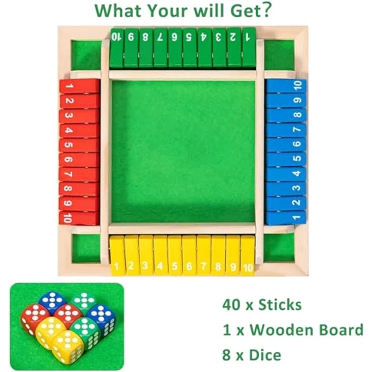 ChaneeHann Shut The Box - WüRfelspiel aus Kiefernholz, Spielbrett mit 8 Würfeln für 2-4 Spieler, ideales Lernspielzeug für die ganze Familie, 22 x 22 cm – Bild 3