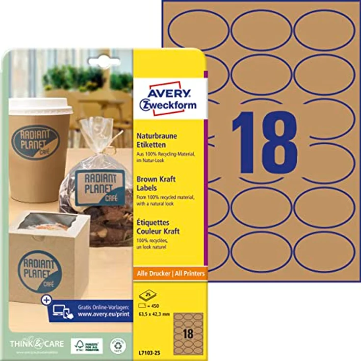 AVERY Zweckform L7103-25 Kraftpapier Etiketten (Recycling, 42,3x63,5mm, 450 Aufkleber, selbstklebend) 25 Blatt, naturbraun – Bild 1