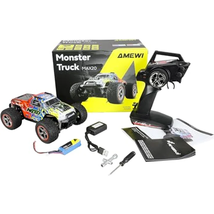 Amewi MAX20 Monstertruck Brushed 50km/h 4WD 1:20 RTR, blau/orange, mit Aluminium Skidplates, LED-Beleuchtung und Überschlagschutz – Bild 2