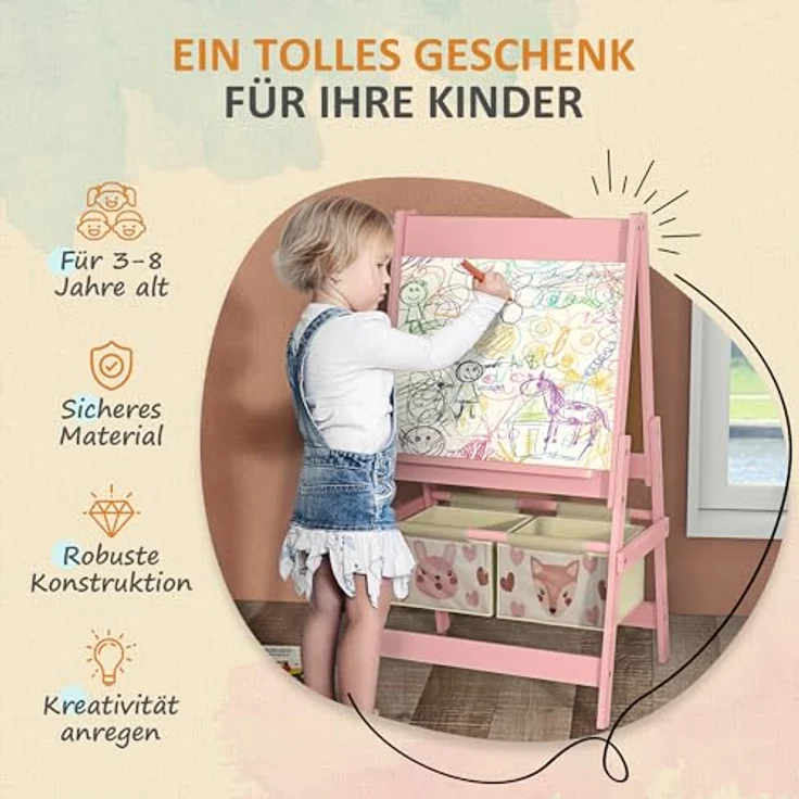 AIYAPLAY Kindertafel, 3 in 1 Staffelei, Doppelseitige Spieltafel mit Aufbewahrungskörben, Rosa, 54 x 46,5 x 93 cm – Bild 5