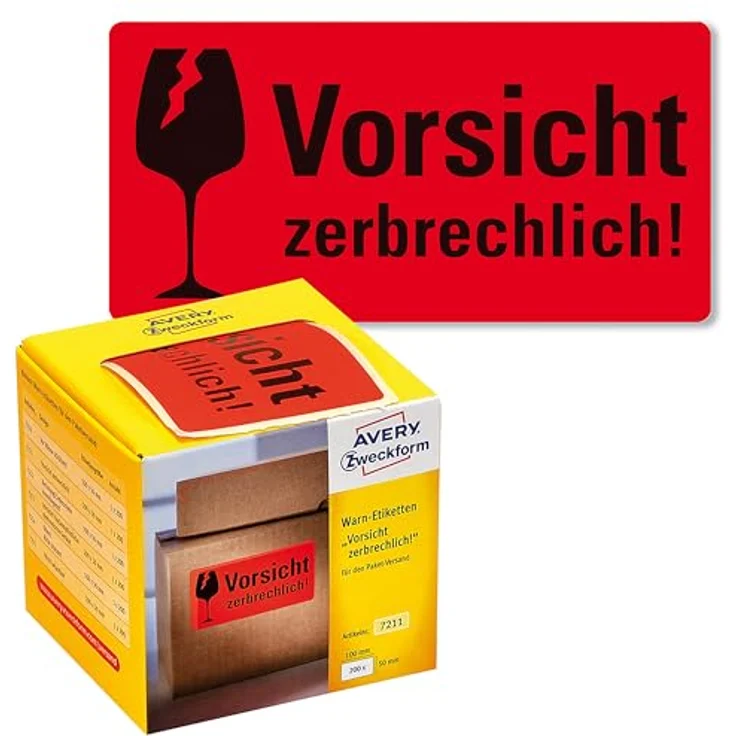 AVERY Zweckform Warnetiketten 7211, selbstklebend, 200 Stück, neon rot, 100 x 50 mm, Warnhinweis "Vorsicht zerbrechlich" für Versand und Umzug, im Kartonspender – Bild 3