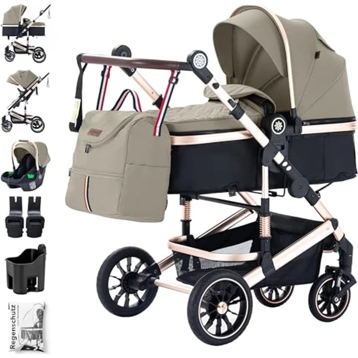 Daliya® NEOMOVE 3in1 Kinderwagen, Buggy & i-Size Babyschale | Alu-Rahmen | Reisekinderwagen & Sportwagen | Großer Einkaufskorb | Stadt & Gelände (Gold-Beige) – Bild 1