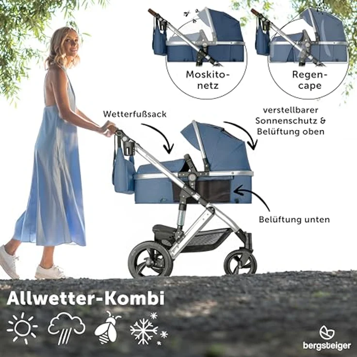 Bergsteiger Nizza 3 in 1 Kinderwagen, Kombikinderwagen Komplettset, Babywanne & Buggy Sportsitz inklusive, Auto-Babyschale & Isofix Station optional – Bild 5