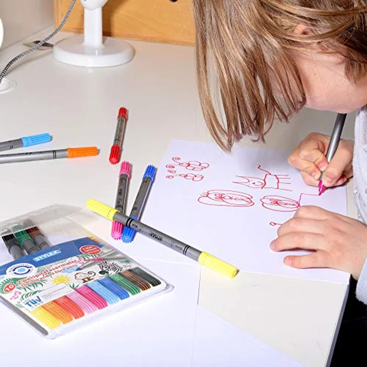 Stylex Schreibwaren Faserstift 10 Stylex Zweispitzfasermaler Filzstifte Fasermaler, 10 verschiedene Farben – Bild 4