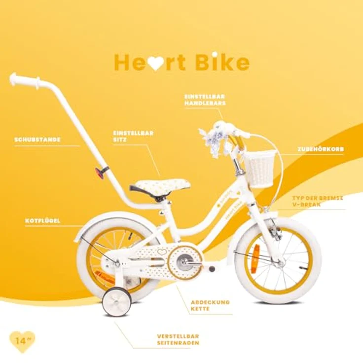 sun baby Mädchenfahrrad 14 Zoll Radgröße Heart Bike, mit Abnehmbarer Schubstange, für Mädchen von 2 bis 6 Jahre (Weißgold) – Bild 5