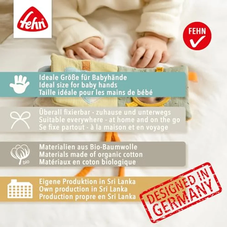 Fehn Greifspielzeug fehnNATUR, Stoffbuch Schaf aus Bio-Baumwolle mit Quietsche, Raschelpapier und Spiegel für Babys ab 0 Monaten – Bild 6