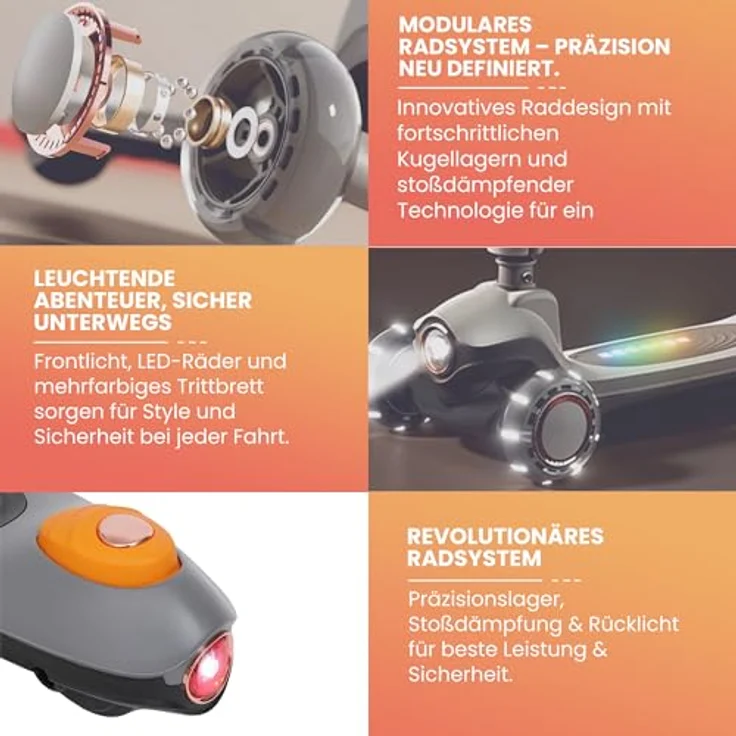 Habib Gruppe Kinderroller Tretroller 3-Rad, LED Frontlicht & Rücklicht, Höhenverstellbar & Faltbar, rutschfest, pannensicher, grau, für 3-10 Jahre – Bild 2