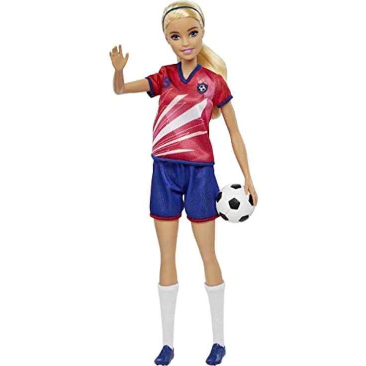 Barbie HCN17 - Fußball-Spielerin Puppe (blonde Haare) im roten Trikot mit blauen Shorts, Stollen-Schuhen und weißen Stutzen, inklusive Fußball, Spielzeug für Kinder ab 3 Jahren – Bild 4