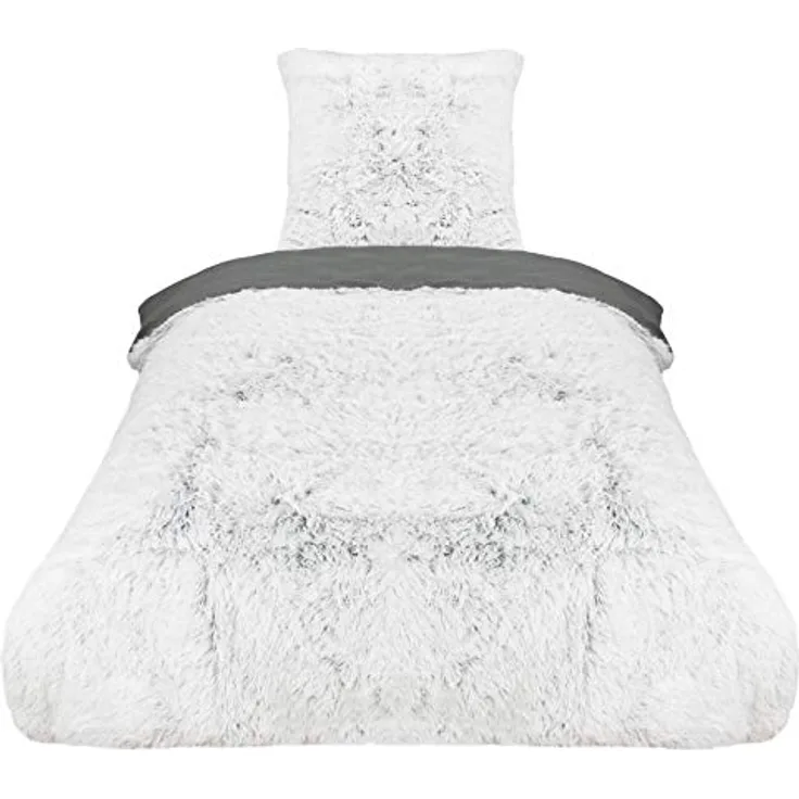 ZOLLNER Bettdecke extra flauschig - kuschelige Bettwäsche in 80x80 cm + 135x200 cm - waschbar bis 30°C – weißes Fellimitat auf grauem Fleece - Hotelwäschequalität - Oeko Tex® Zertifiziert