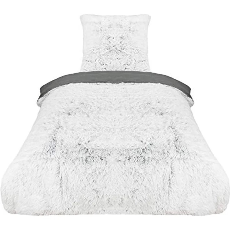 ZOLLNER Bettdecke extra flauschig - kuschelige Bettwäsche in 80x80 cm + 135x200 cm - waschbar bis 30°C – weißes Fellimitat auf grauem Fleece - Hotelwäschequalität - Oeko Tex® Zertifiziert – Bild 1