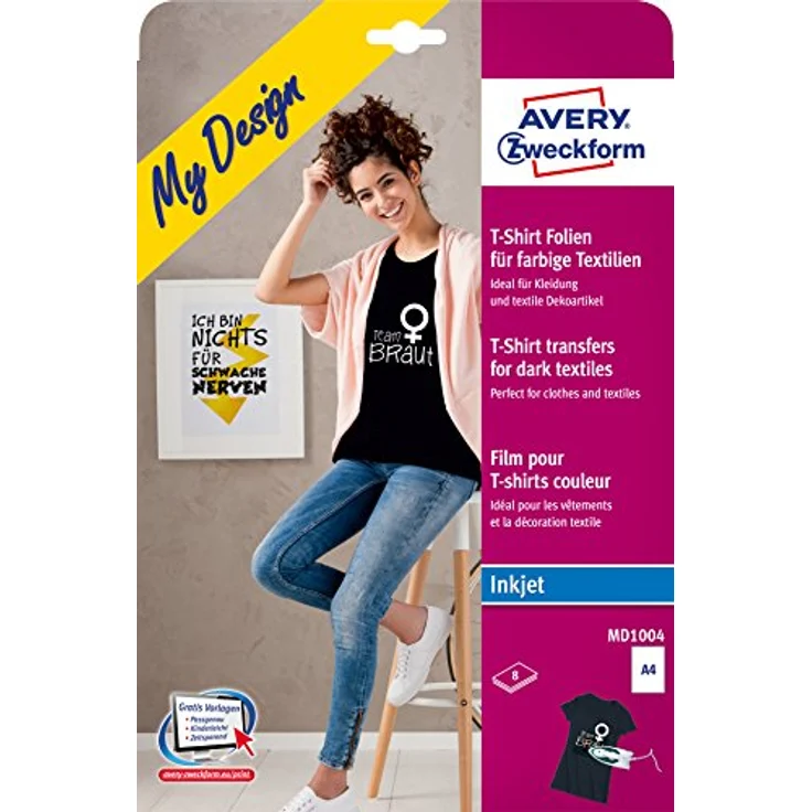 AVERY Zweckform MD1004 8 Textilfolien, T-Shirt selbst gestalten, T-Shirt bedrucken (Bügelfolie, farbige Textilien, DIN A4, bedruckbare T-Shirt Folie zum Aufbügeln, Transferfolie für Inkjet-Drucker) – Bild 1