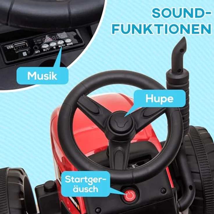 HOMCOM Elektro-Kinderauto Elektrischer Traktor mit Anhänger und Fernbedienung, Belastbarkeit 30 kg, für Garten und Balkon, Rot – Bild 6