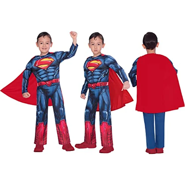 Amscan - Kinderkostüm Superman, Overall mit ausgepolsterter Brust, Umhang, DC Super Heroes, Motto-Party, Karneval – Bild 2