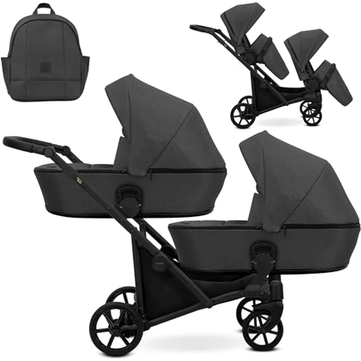 Kunert BRAV DUO Zwillingskinderwagen 2 in 1, graphit/schwarz, mit Aluminiumrahmen, mehrfach verstellbaren Sitzen, Zubehör und Sicherheitsmerkmalen – Bild 1