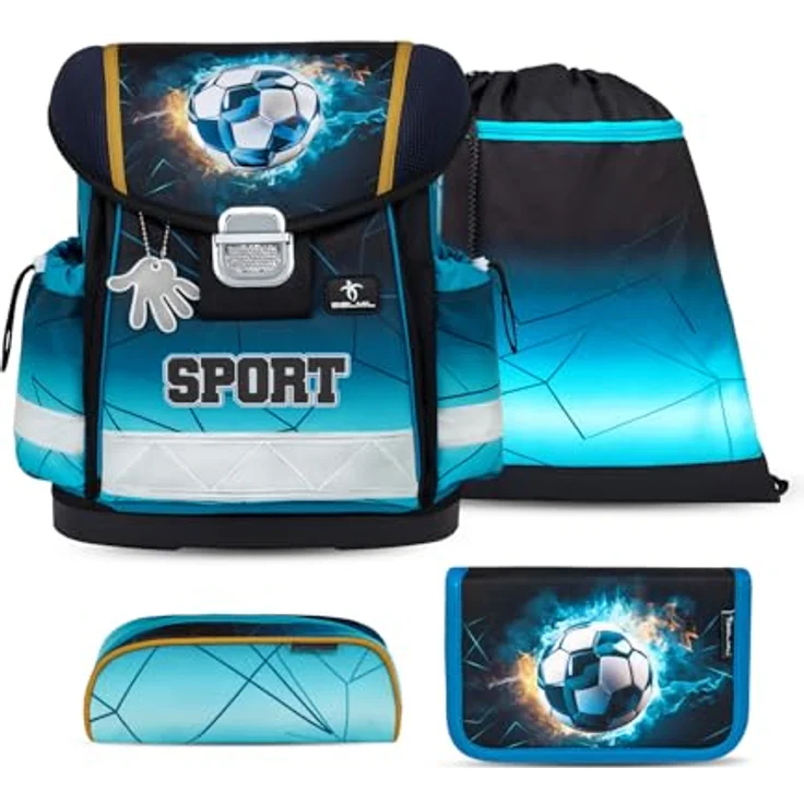 Belmil Schulranzen "Classy" 2025, 4tlg. Set für Jungen, ergonomisch, leicht, mit reflektierenden Elementen, Fußball-Design, für 1. Klasse, Grundschule – Bild 1