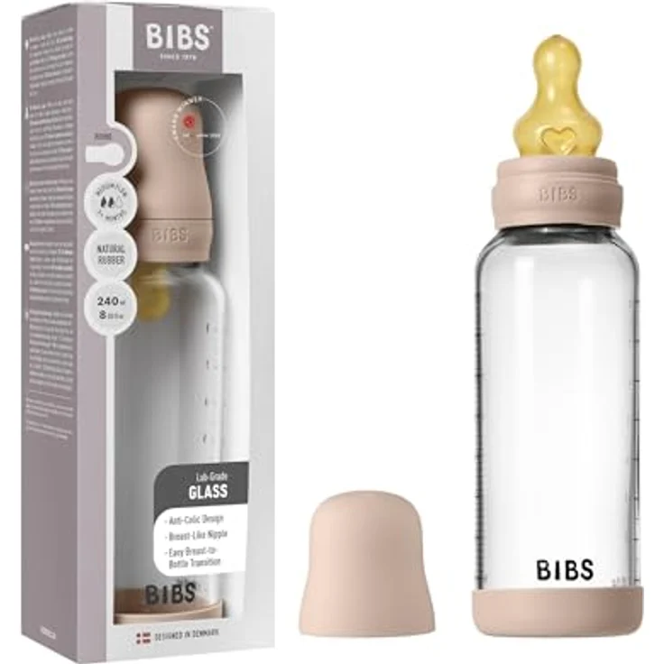 BIBS Baby Glasflasche 240ml, runder Sauger aus Naturkautschuklatex, unterstützt das Stillen, Blush, hergestellt in Dänemark – Bild 1