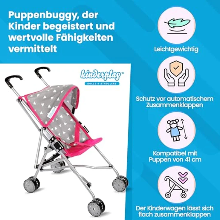 Kinderplay Puppenbuggy, Puppenwagen, Puppen Buggy - Leichte Stabile Konstruktion, Griffhöhe 54 cm, Modell KP0290 (KP0290S) – Bild 2